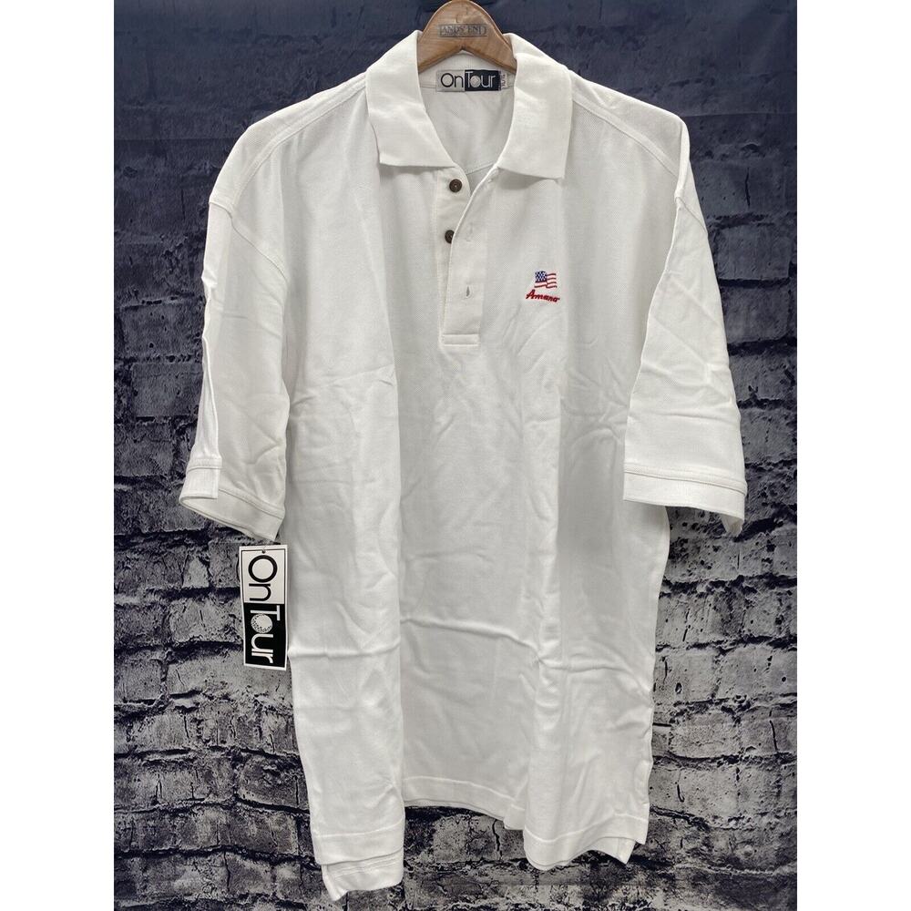 Amana On Tour Golf Shirt X Large White Short Sleeve American Flag NWT